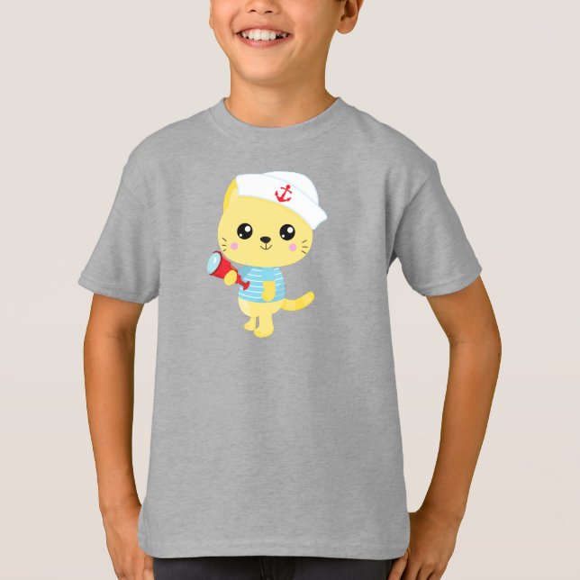Sailor Cat, båtkapten, sjöhatt, kute T Shirt (Framsida)
