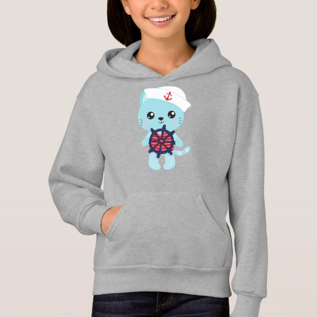 Sailor Cat, Sailor Hat, båtkapten, Cute Cat T Shirt (Framsida)