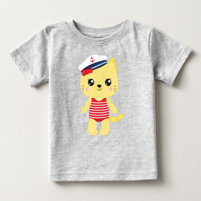 Sailor Cat, Sailor Hat, båtkapten, Gult Cat T Shirt (Framsida)