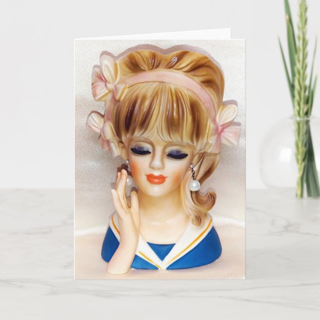 Sailor Girl Head Vas Rosa Bows Long Blonde Hair Kort (Framsida)