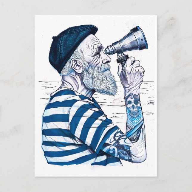 Sailor Looking Through Telescope Toward Distant Ho Vykort (Framsida)