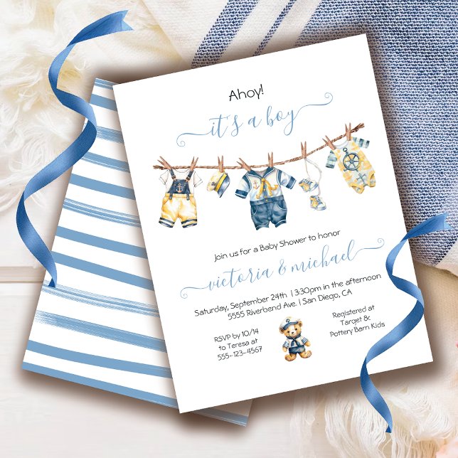 Sailor Nautical Ahoy Boy Shower Clothesline Inbjudningar (Skapare uppladdad)