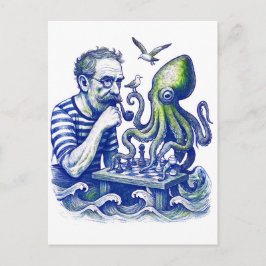 Sailor Playing Chess With Large Curious Octopus Vykort
