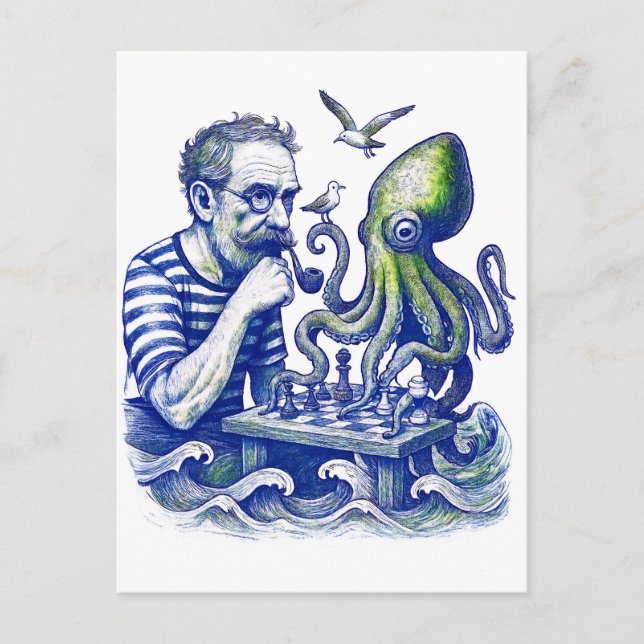 Sailor Playing Chess With Large Curious Octopus Vykort (Framsida)