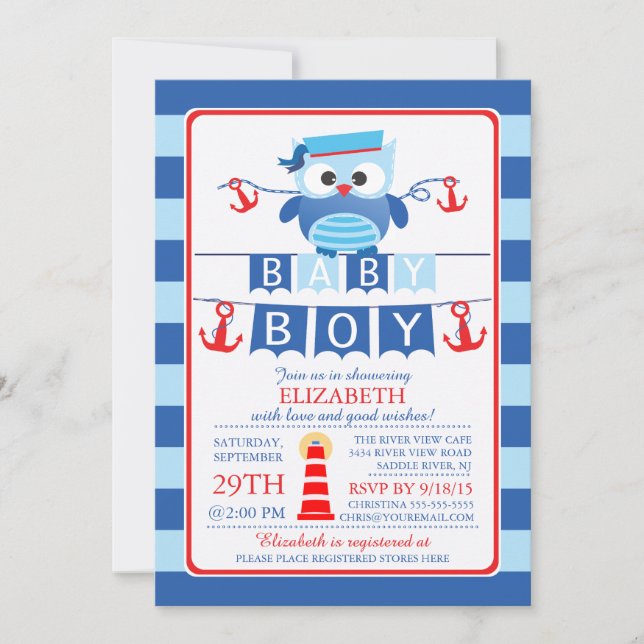 Sailor Uggla Nautical Boy Baby Shower-inbjudan Inbjudningar (Framsida)