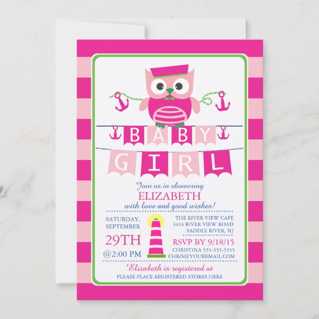 Sailor Uggla Nautical Girl Baby Shower-inbjudan Inbjudningar (Framsida)