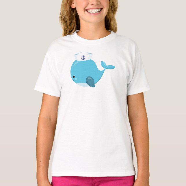 Sailor Whale, Cute Whale, Little Whale, Blue Whale T Shirt (Framsida)