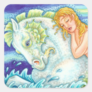 SAILOR'S FANTASY SJÖJUNGFRU RIDING MERHORSE, SEAHO FYRKANTIGT KLISTERMÄRKE