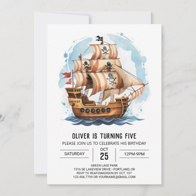 Sails Anpassningsbar Jolly Roger Pirat Birthday Inbjudningar (Framsida)