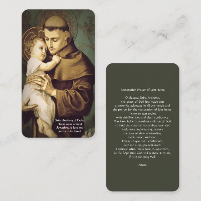 Saint Anthony Restoration Prayer of Borttappad Ite Tilläggskort (Fram/baksida)