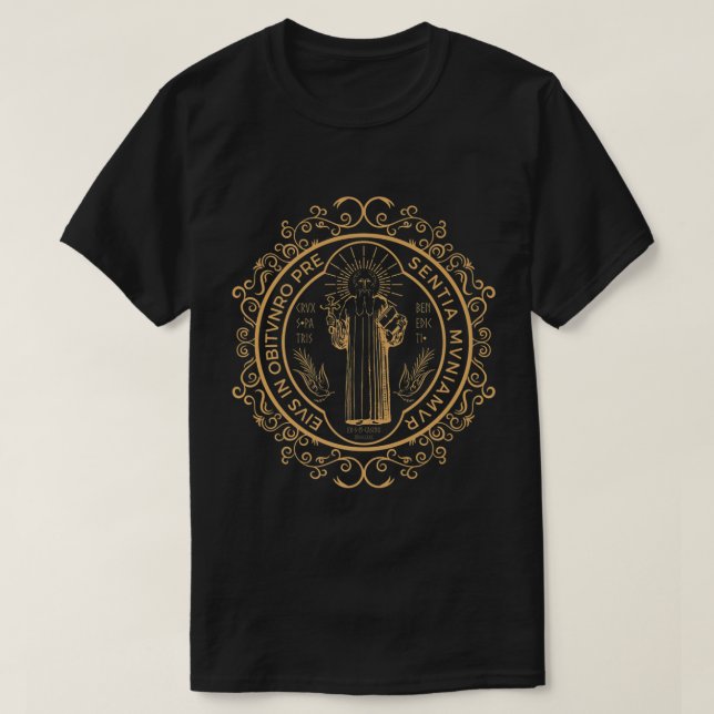 Saint Benedict Medal Christian Premium T Shirt (Design framsida)