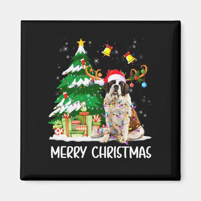 Saint Bernard Christmas Lights Tree Santa Xmas Paj Magnet (Framsidan)