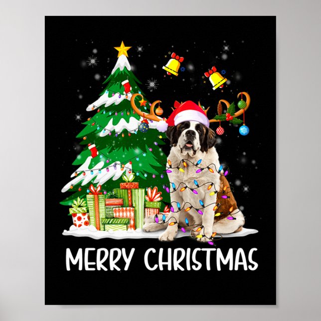 Saint Bernard Christmas Lights Tree Santa Xmas Paj Poster (Framsidan)