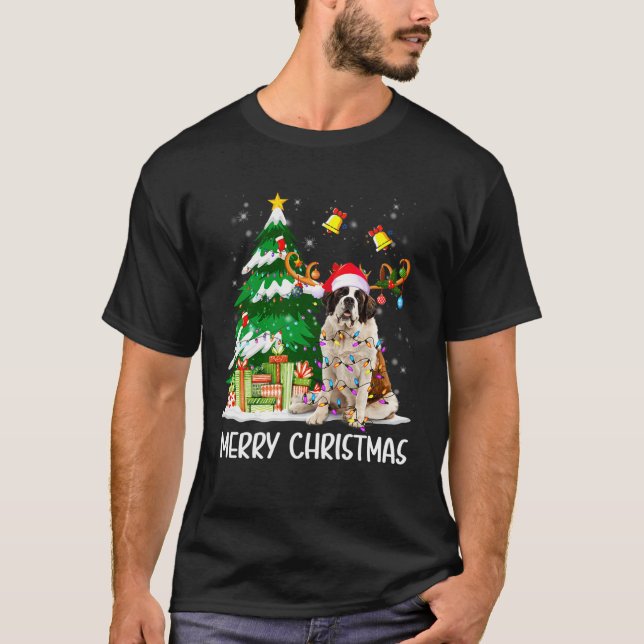 Saint Bernard Christmas Lights Tree Santa Xmas Paj T Shirt (Framsida)