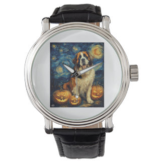 Saint Bernard Cute Dog Halloween Jack O Lantern Pu Armbandsur