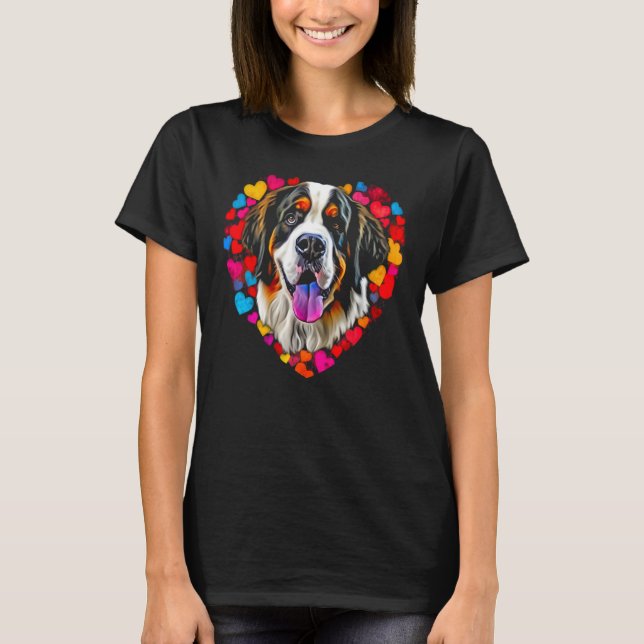 Saint Bernard Dog Blue Red Heart Love T Shirt (Framsida)