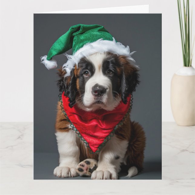 Saint Bernard Elf Puppy-julkort Kort (Framsida)