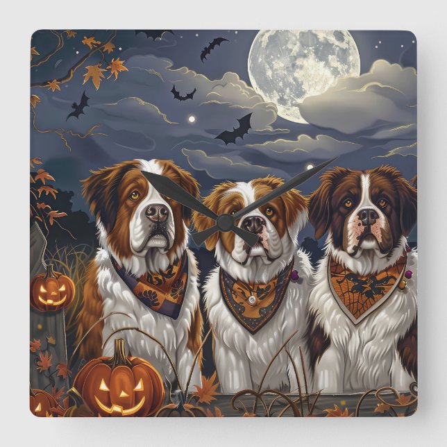 Saint Bernard Halloween Spooky Fyrkantig Klocka (Framsida)