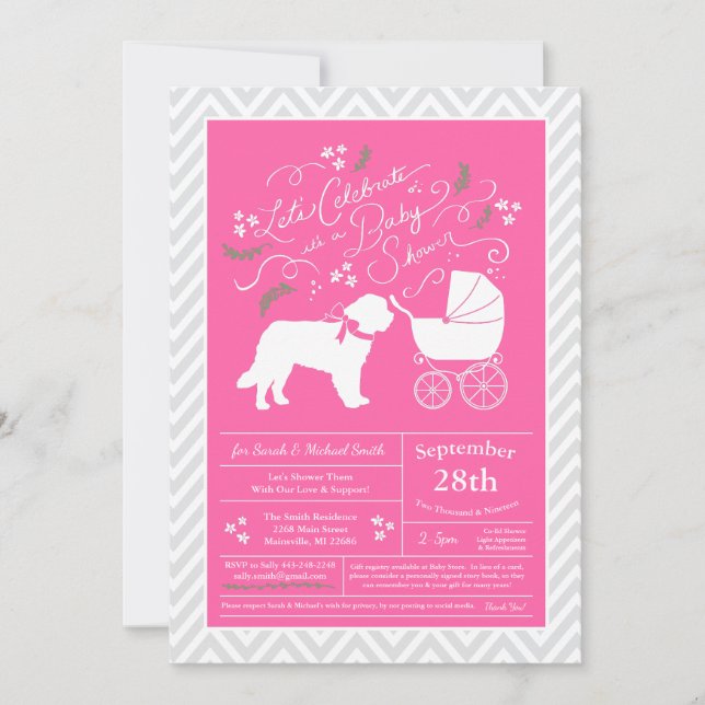 Saint Bernard Hund Baby Shower Girl Rosa Inbjudningar (Framsida)