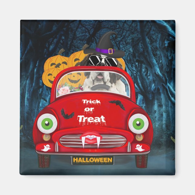 Saint Bernard Hund Driving Car Scary Halloween Magnet (Framsidan)