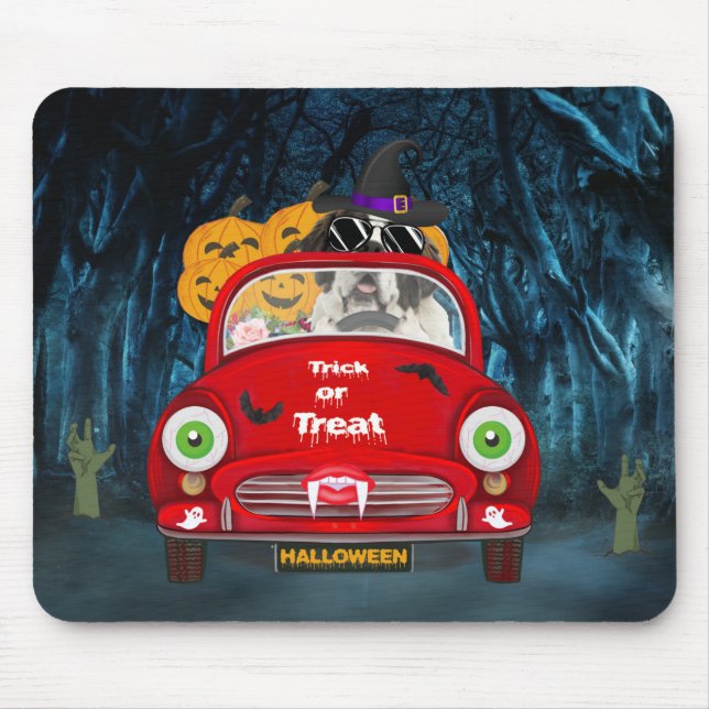 Saint Bernard Hund Driving Car Scary Halloween Musmatta (Framsidan)