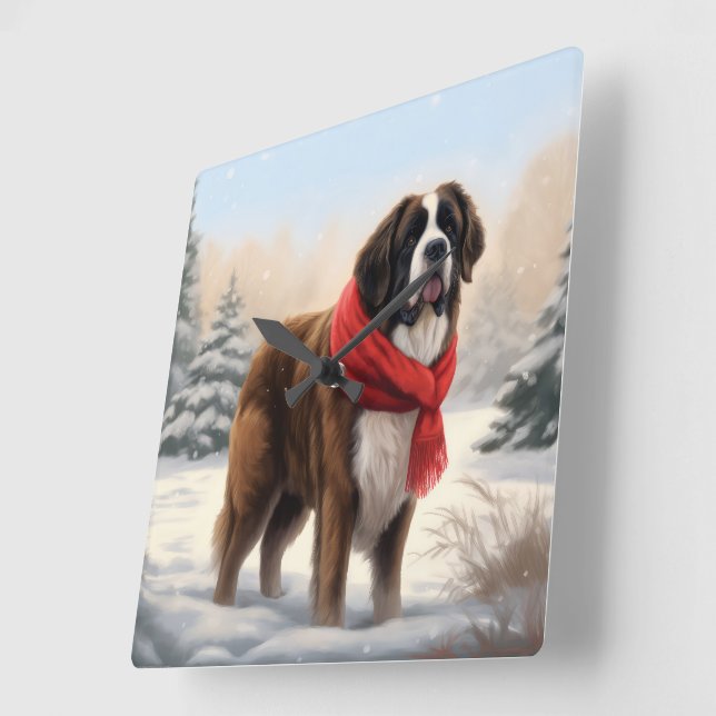 Saint Bernard-hund i snö jul  Fyrkantig Klocka (Vinkel)