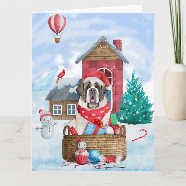 Saint Bernard Hund I snö Jul Hund Hus  Kort (Framsida)