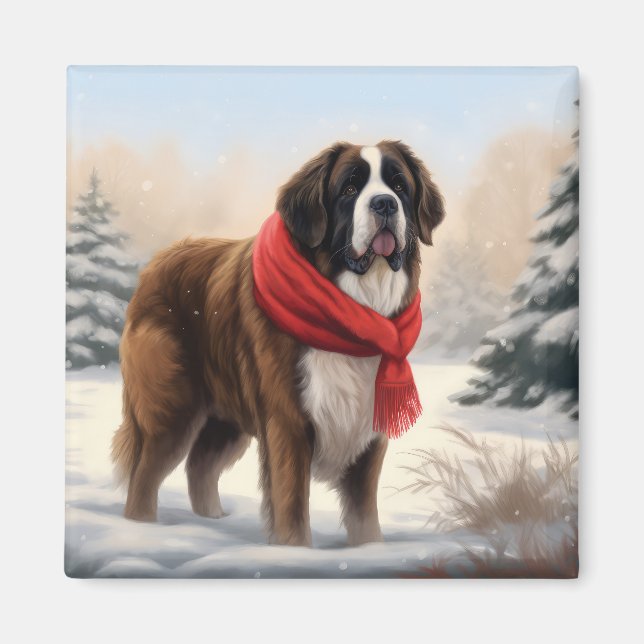 Saint Bernard Hund i Snö Jul Magnet (Framsidan)