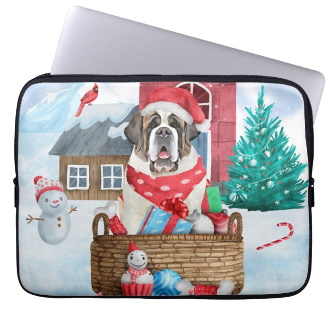 Saint Bernard Hund I snö julhuset Hund House Laptop Fodral (Framsidan)