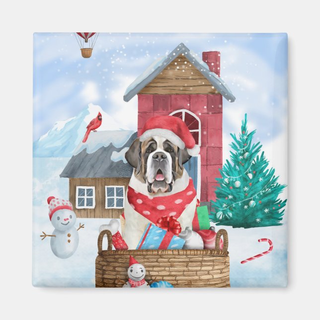 Saint Bernard Hund I snö julhuset Hund House Magnet (Framsidan)