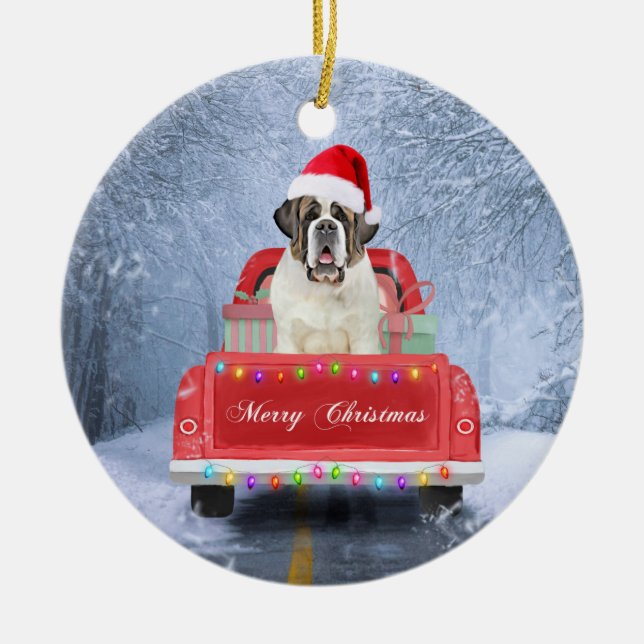 Saint Bernard Hund i Snö sitta jul Lastbil  Julgransprydnad Keramik (Framsidan)