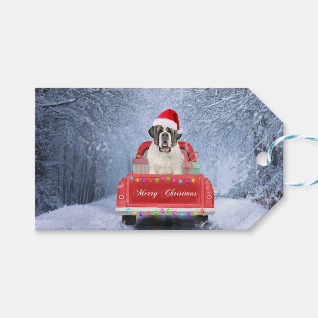 Saint Bernard Hund i Snö sitta jul Lastbil Presentetikett (Framsidan (Horisontell))