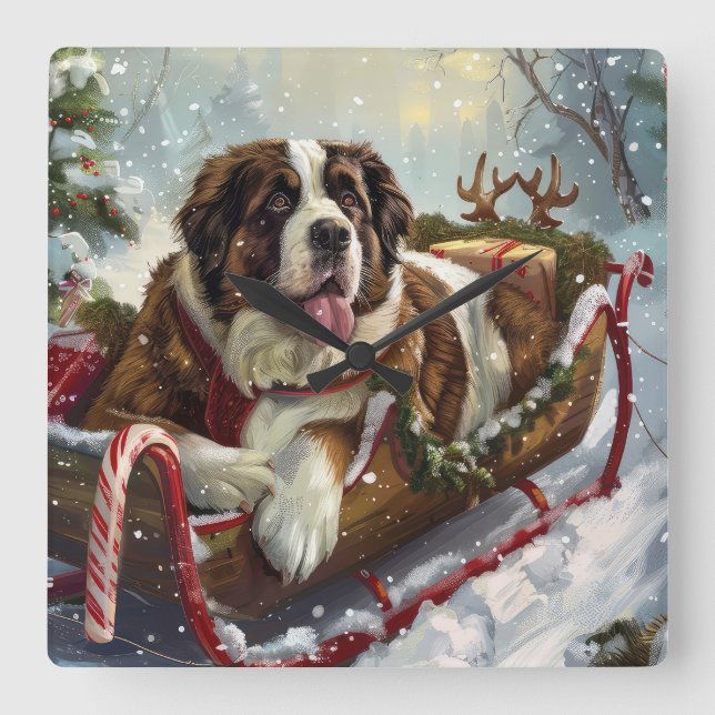 Saint Bernard Hund Jul Festiv Fyrkantig Klocka (Framsida)