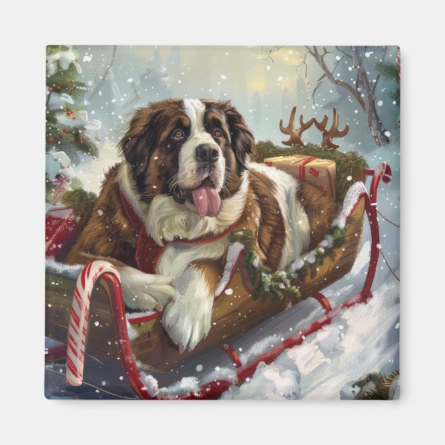 Saint Bernard Hund Jul Festiv Magnet (Framsidan)
