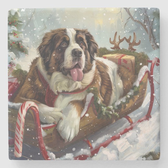 Saint Bernard Hund Jul Festiv Stenunderlägg (Framsidan)