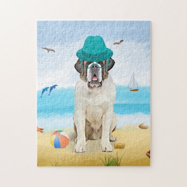 Saint Bernard Hund on Beach Pussel (Vertikal)