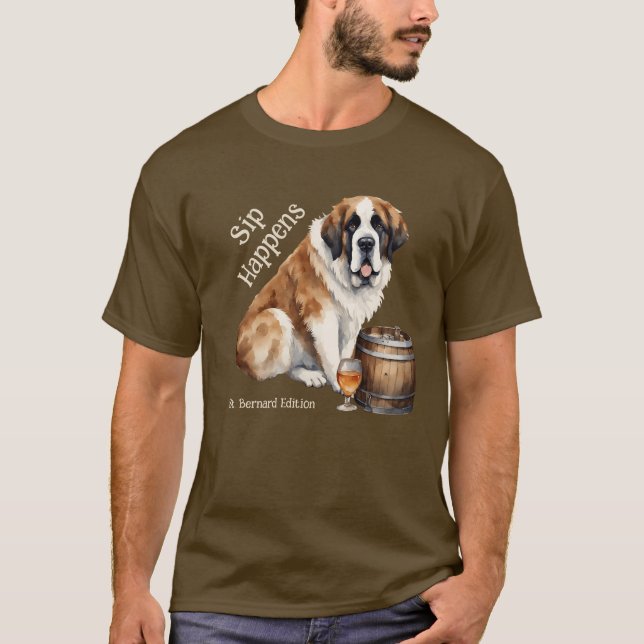 Saint Bernard Hund Sip Happens T Shirt (Framsida)