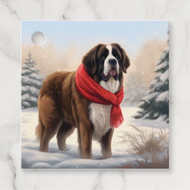 Saint Bernard Hund under julen i Snö Gåvor Etiketter (Framsida)