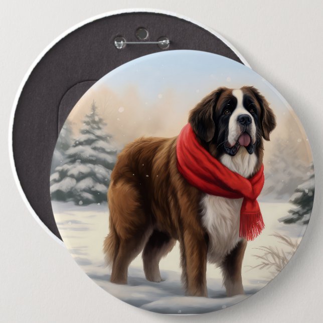 Saint Bernard Hund under julen i Snö Knapp (Framsida & baksida)