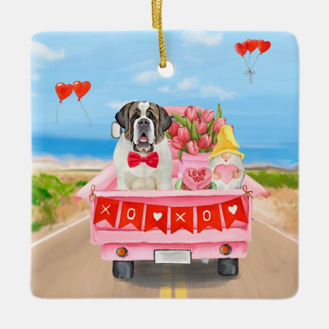 Saint Bernard Hund Valentindagen Lastbil Hearts Julgransprydnad Keramik (Framsida)