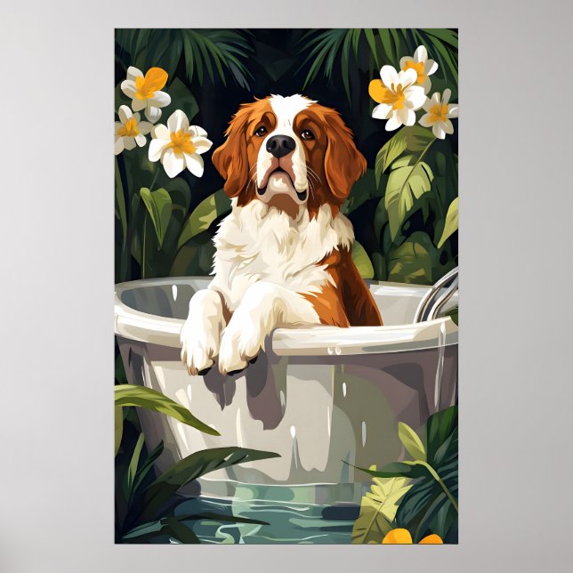Saint Bernard In Bathtub Poster, Funny Dog Poster (Framsidan)