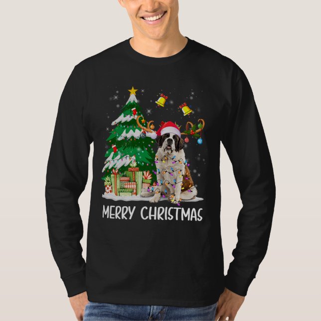 Saint Bernard jul Ljus Träd Santa Julafton Paj T Shirt (Framsida)