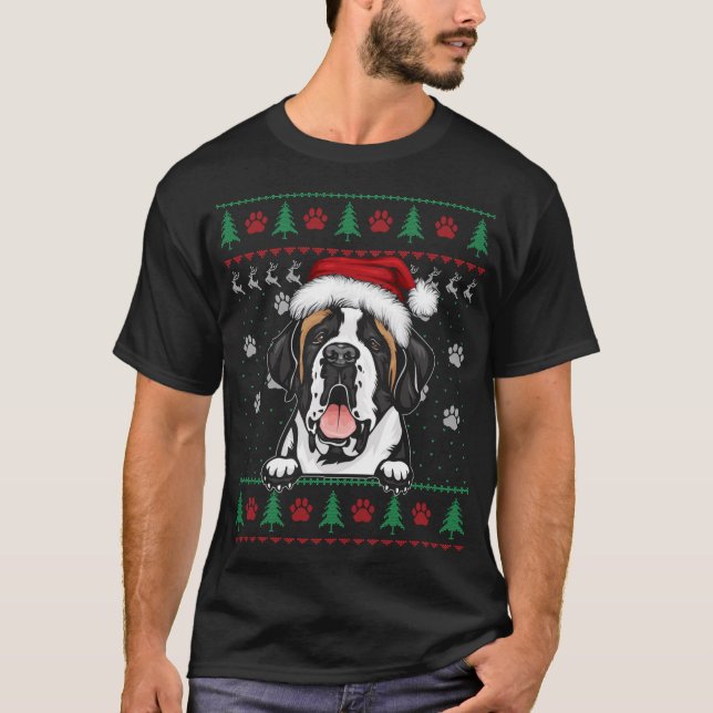 Saint Bernard-julet Ugly Sweater Rolig hund Lov T Shirt (Framsida)