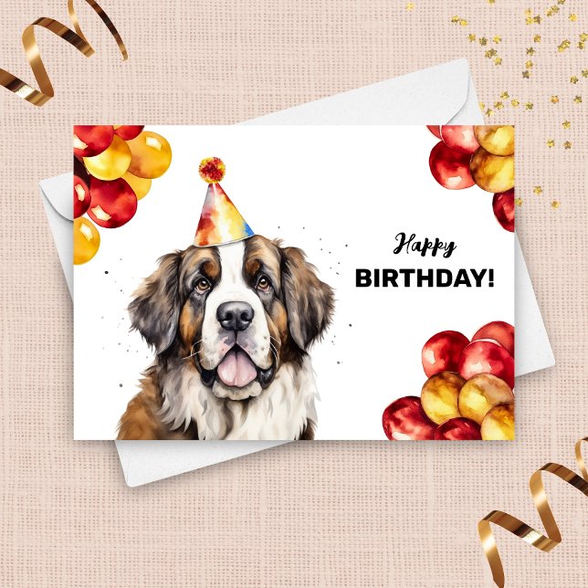 Saint Bernard med Balloons och Party Hat Birthday Kort (Skapare uppladdad)