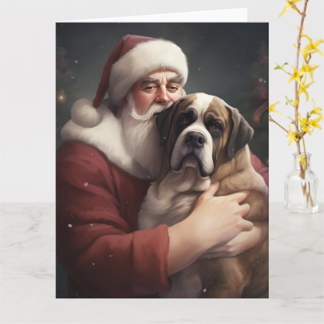 Saint Bernard med Jultomten julafton Kort (Gul blomma)