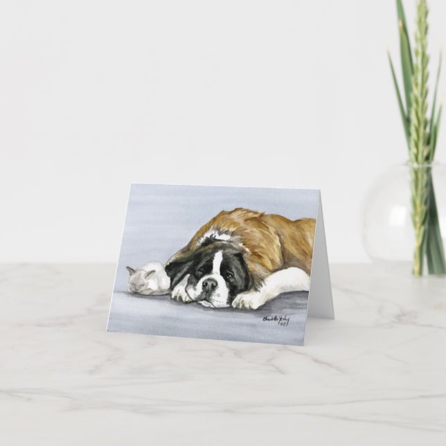 "Saint Bernard och Kitten" Hund Art Notecard Kort (Framsida)