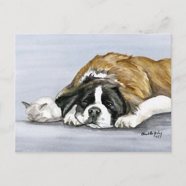 Saint Bernard och Kitten Hund Art Postcard Vykort (Framsida)