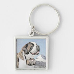 Saint Bernard Painting - Cute Original Hund Art Fyrkantig Silverfärgad Nyckelring