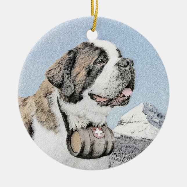 Saint Bernard Painting - Cute Original Hund Art Julgransprydnad Keramik (Framsidan)