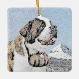 Saint Bernard Painting - Cute Original Hund Art Julgransprydnad Keramik